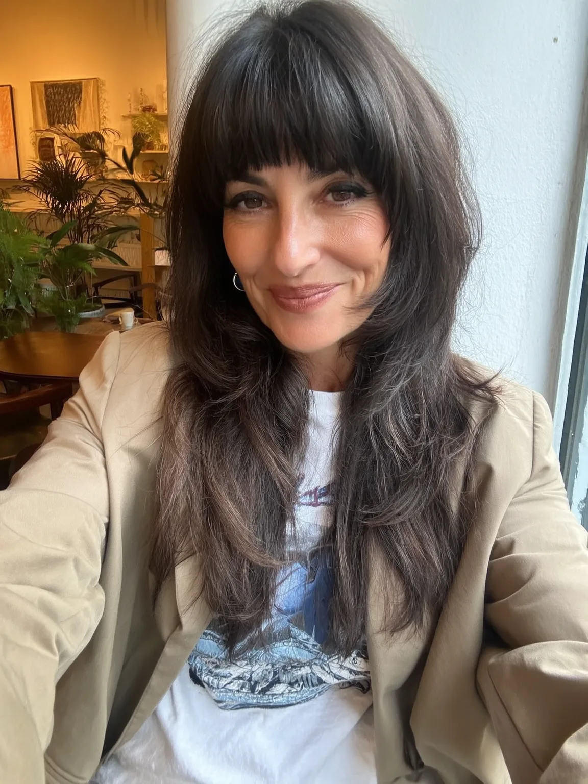 Medium Layered Dark Chocolate Brown Cut with Blunt Bangs